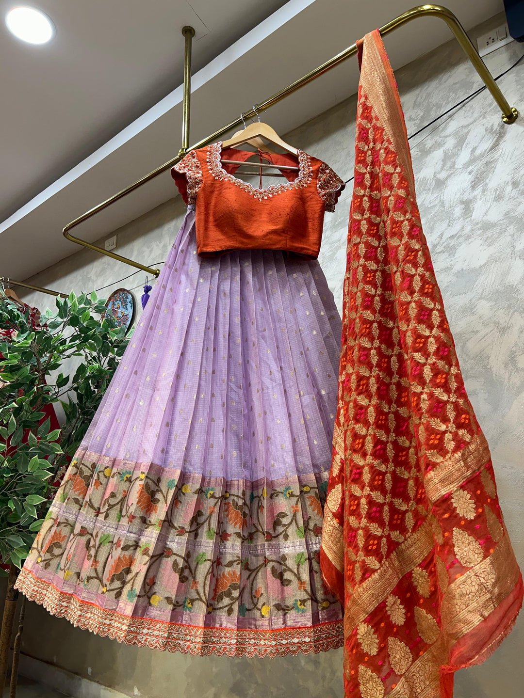 Orange & Lavender Kota Silk Lehenga