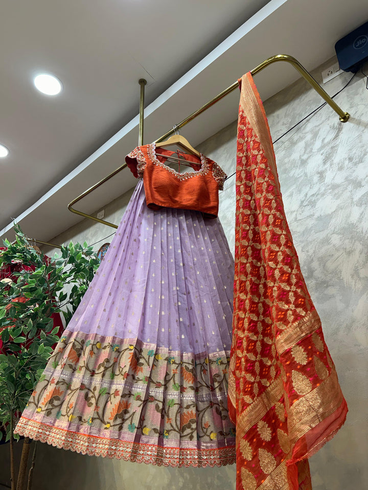 Orange & Lavender Kota Silk Lehenga
