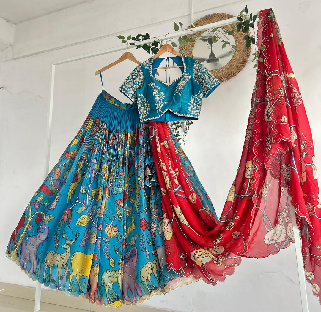 Blue Organza Silk Pen Kalamkari Lehenga