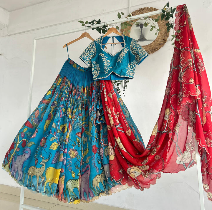 Blue Organza Silk Pen Kalamkari Lehenga