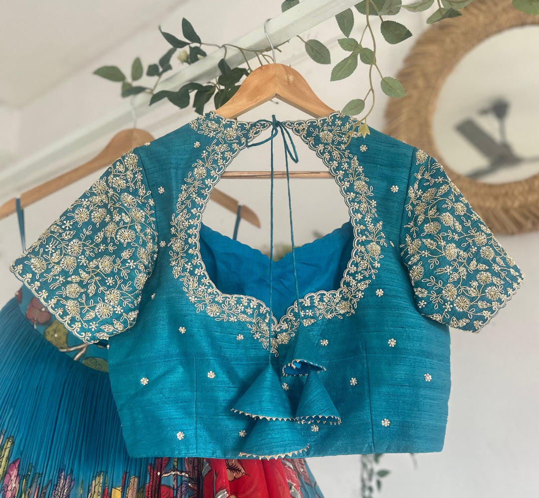 Blue Organza Silk Pen Kalamkari Lehenga
