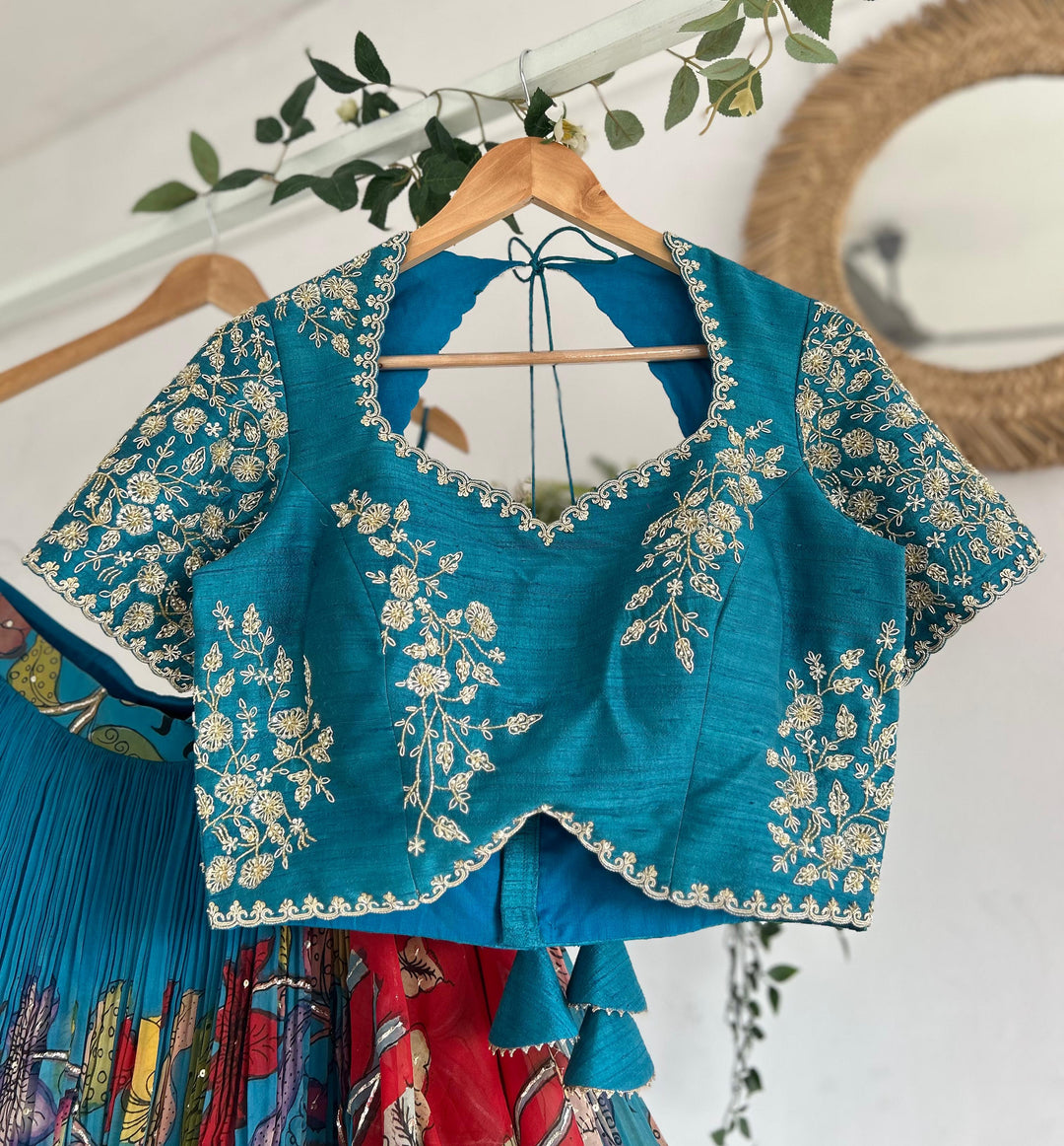 Blue Organza Silk Pen Kalamkari Lehenga