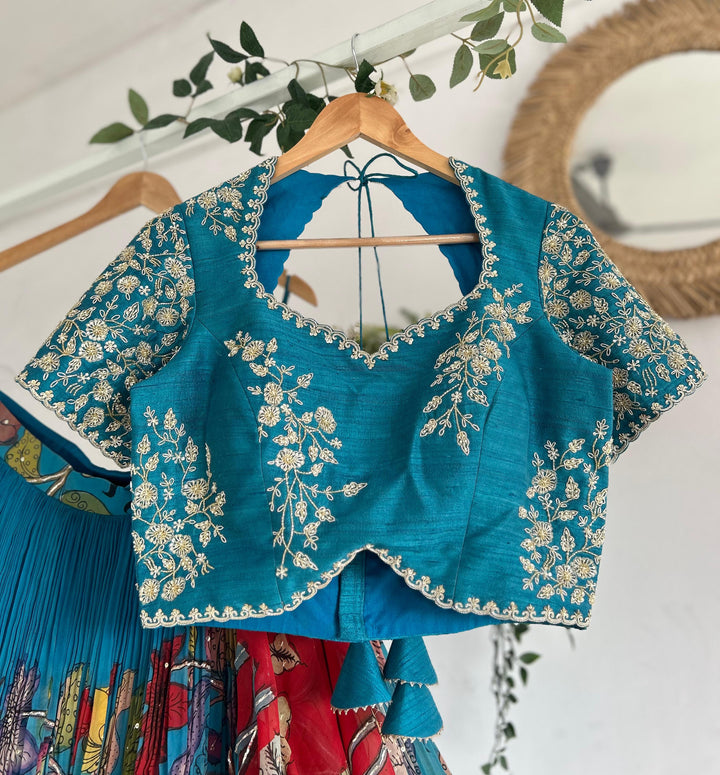 Blue Organza Silk Pen Kalamkari Lehenga