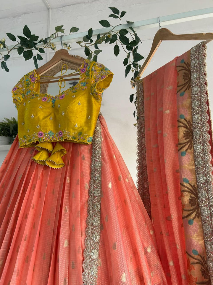Yellow & Peach Kota Silk Lehenga