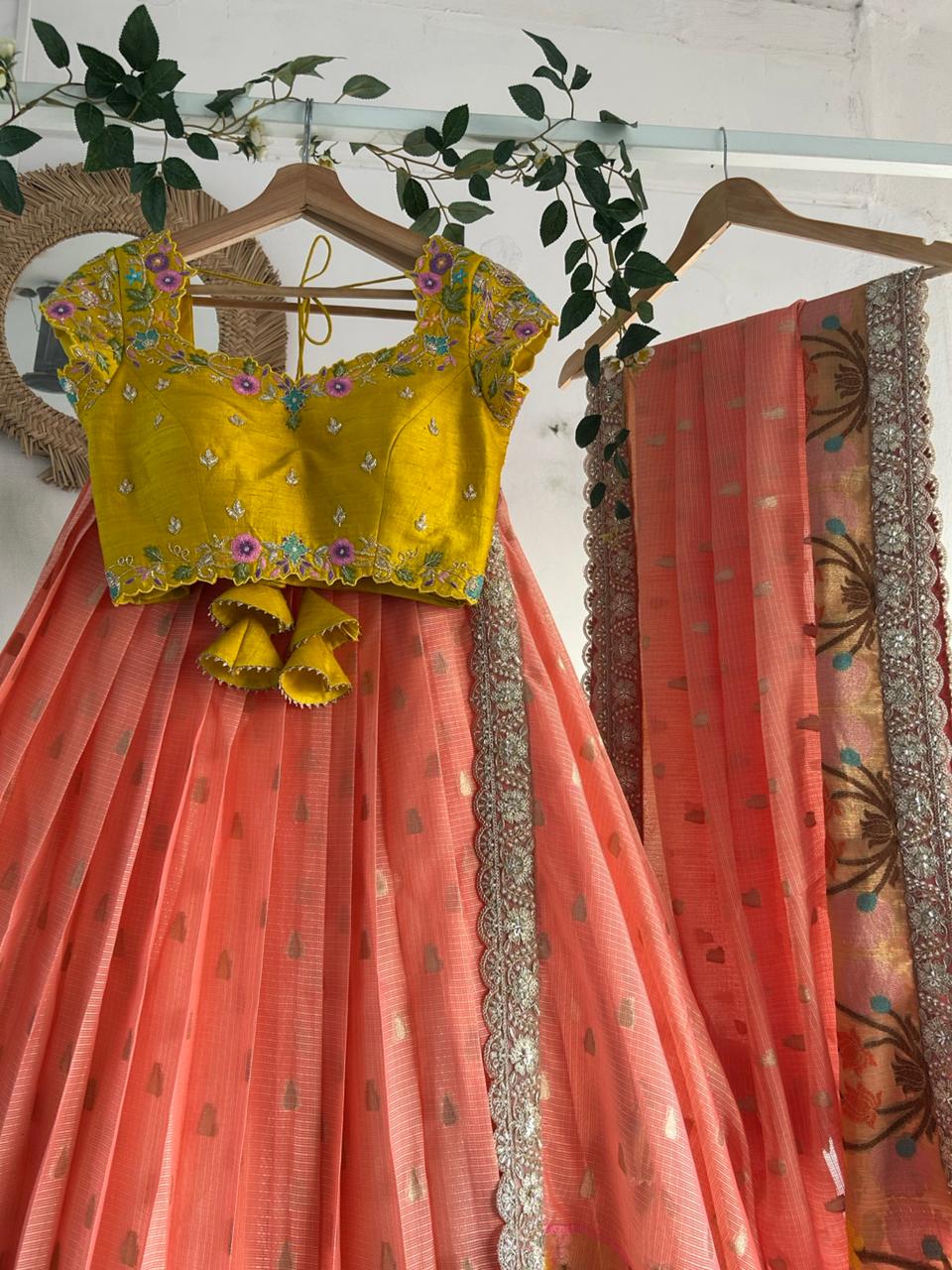 Yellow & Peach Kota Silk Lehenga