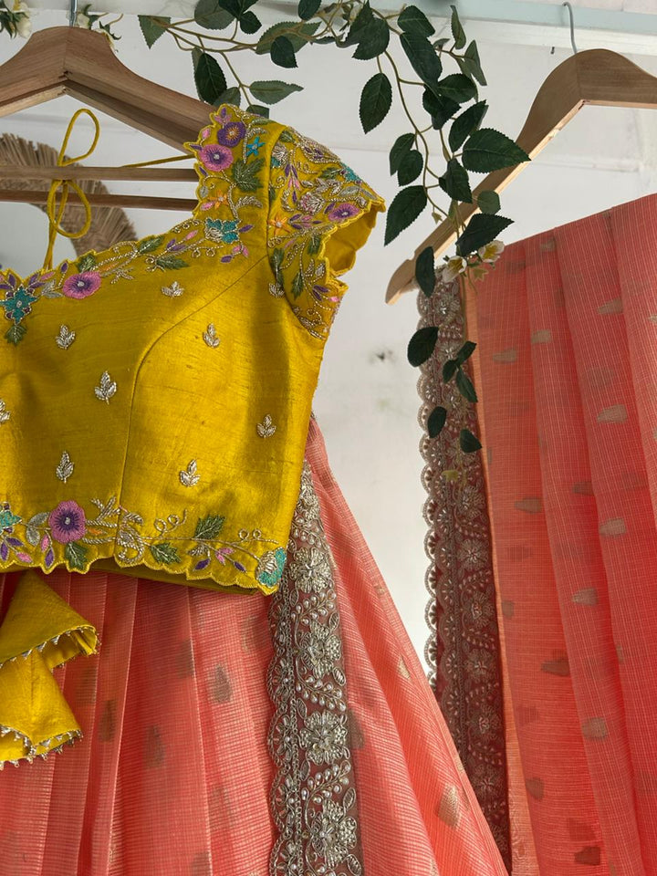 Yellow & Peach Kota Silk Lehenga