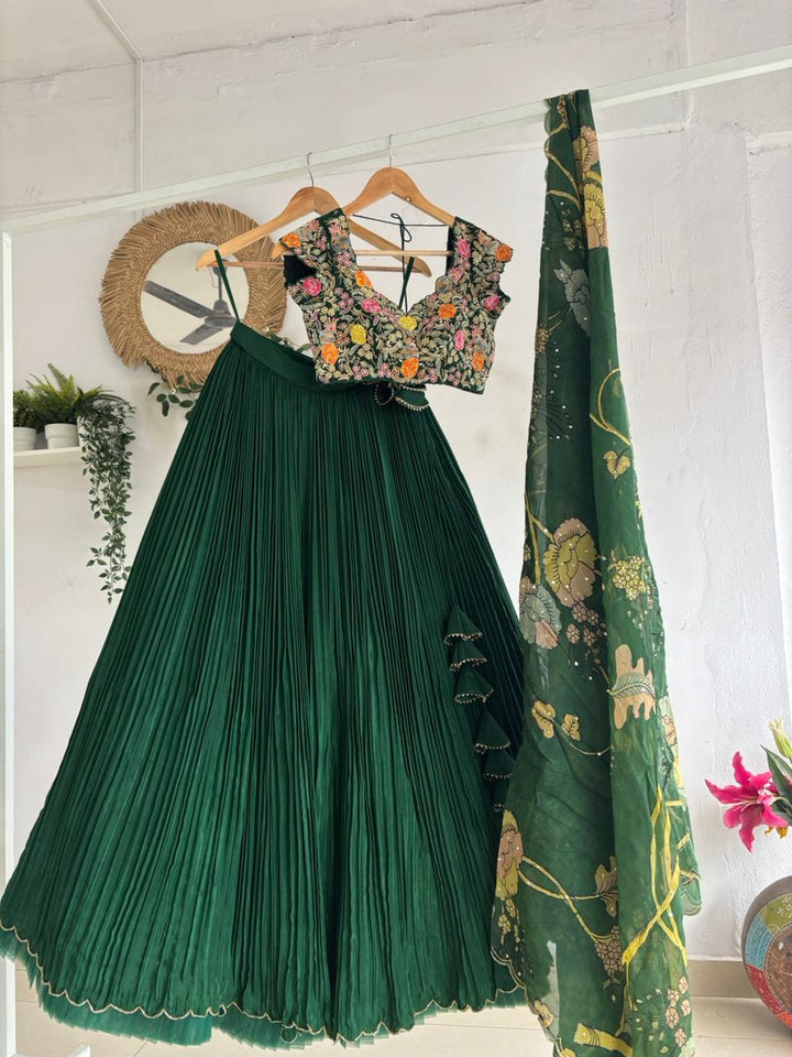 Green Natural Crape Lehenga