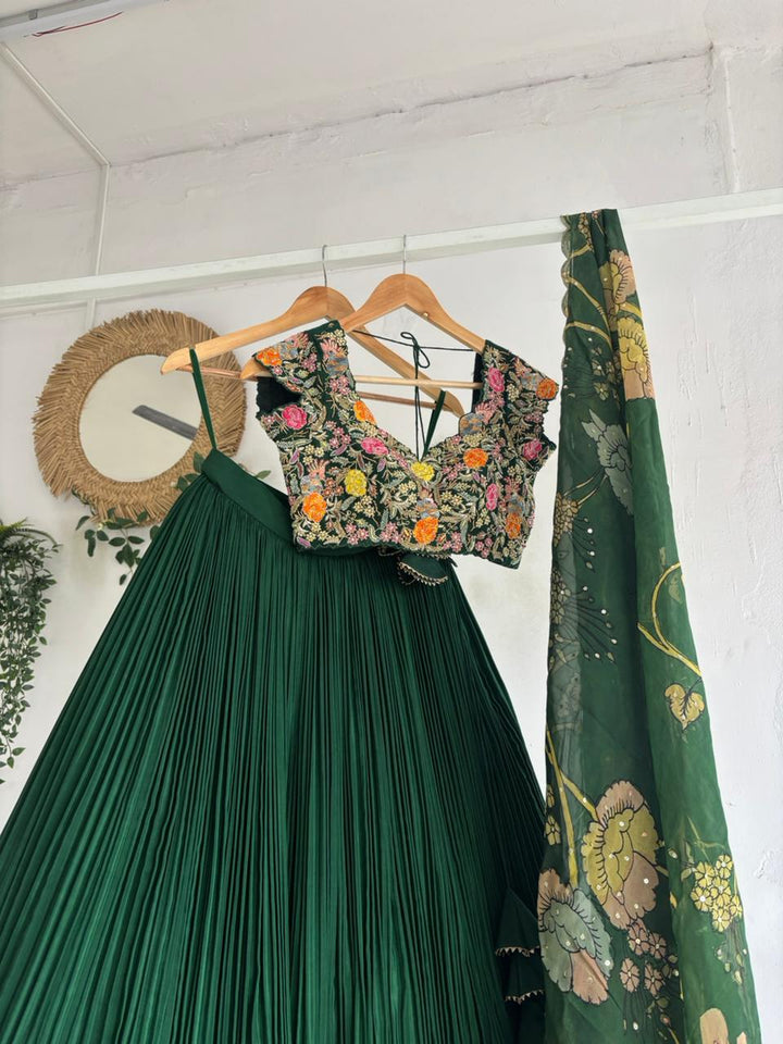 Green Natural Crape Lehenga