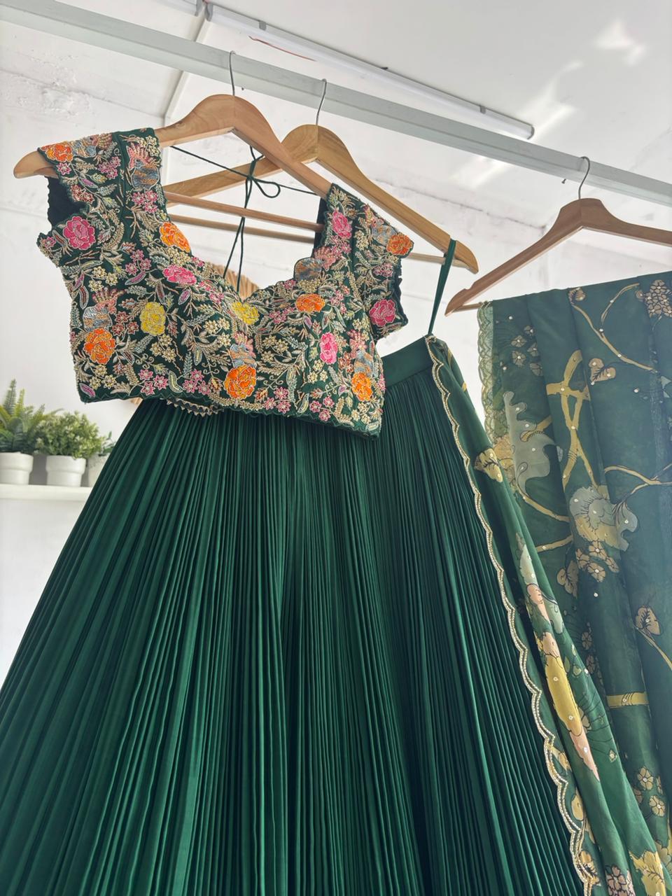 Green Natural Crape Lehenga