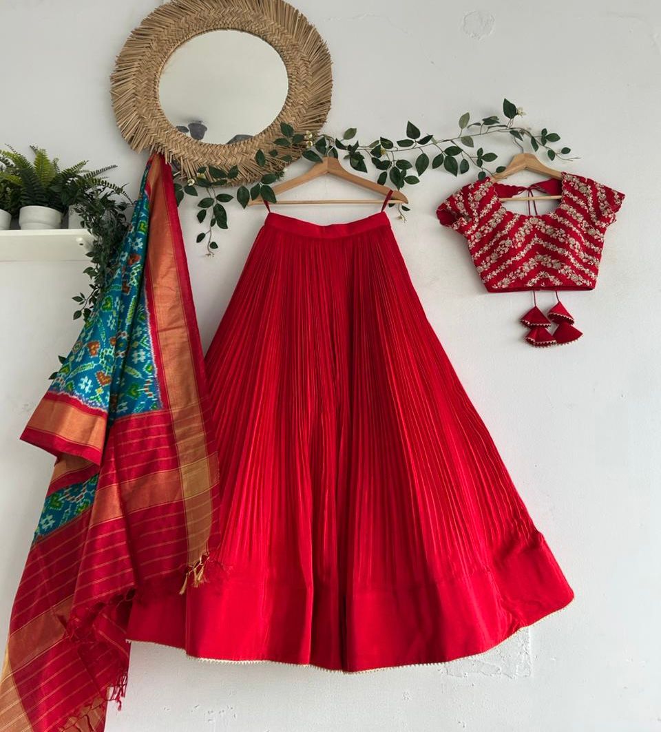 Red Natural Crape Silk Lehenga With Patola Dupatta