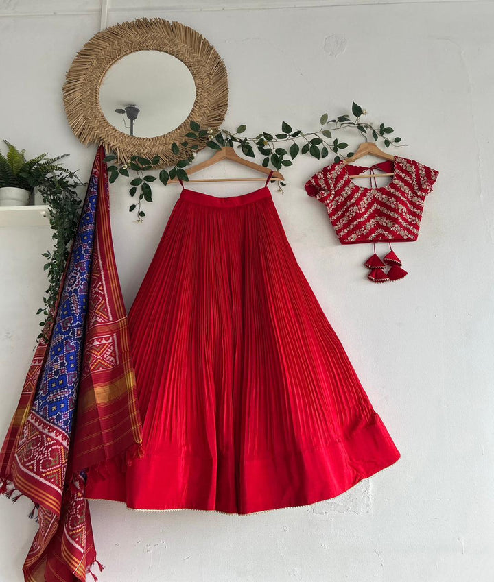 Red Natural Crape Silk Lehenga With Patola Dupatta