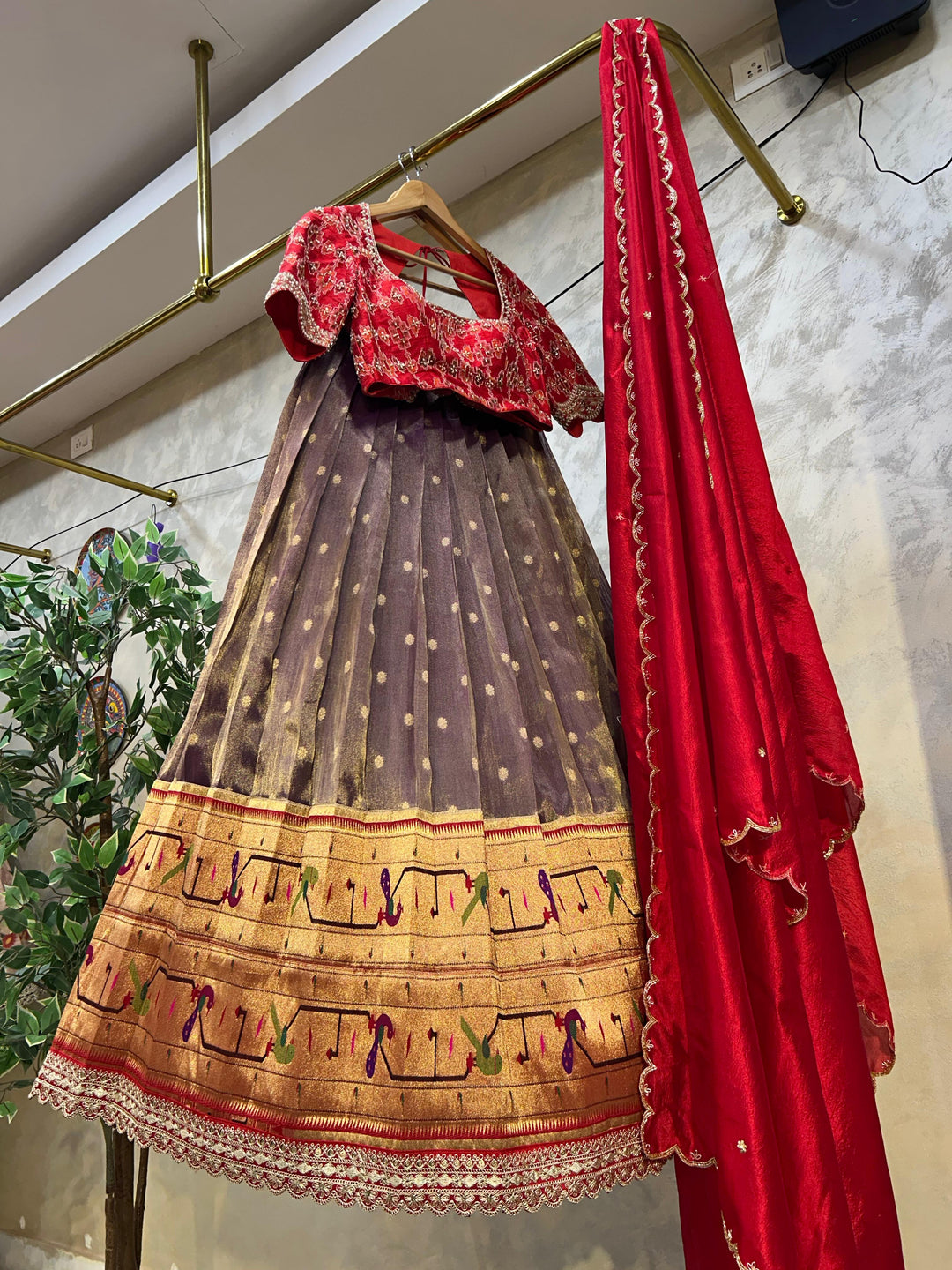 Red & Purple Tissue Paithani Lehenga