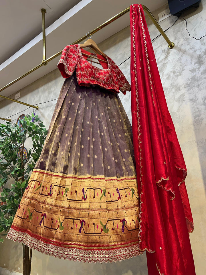 Red & Purple Tissue Paithani Lehenga