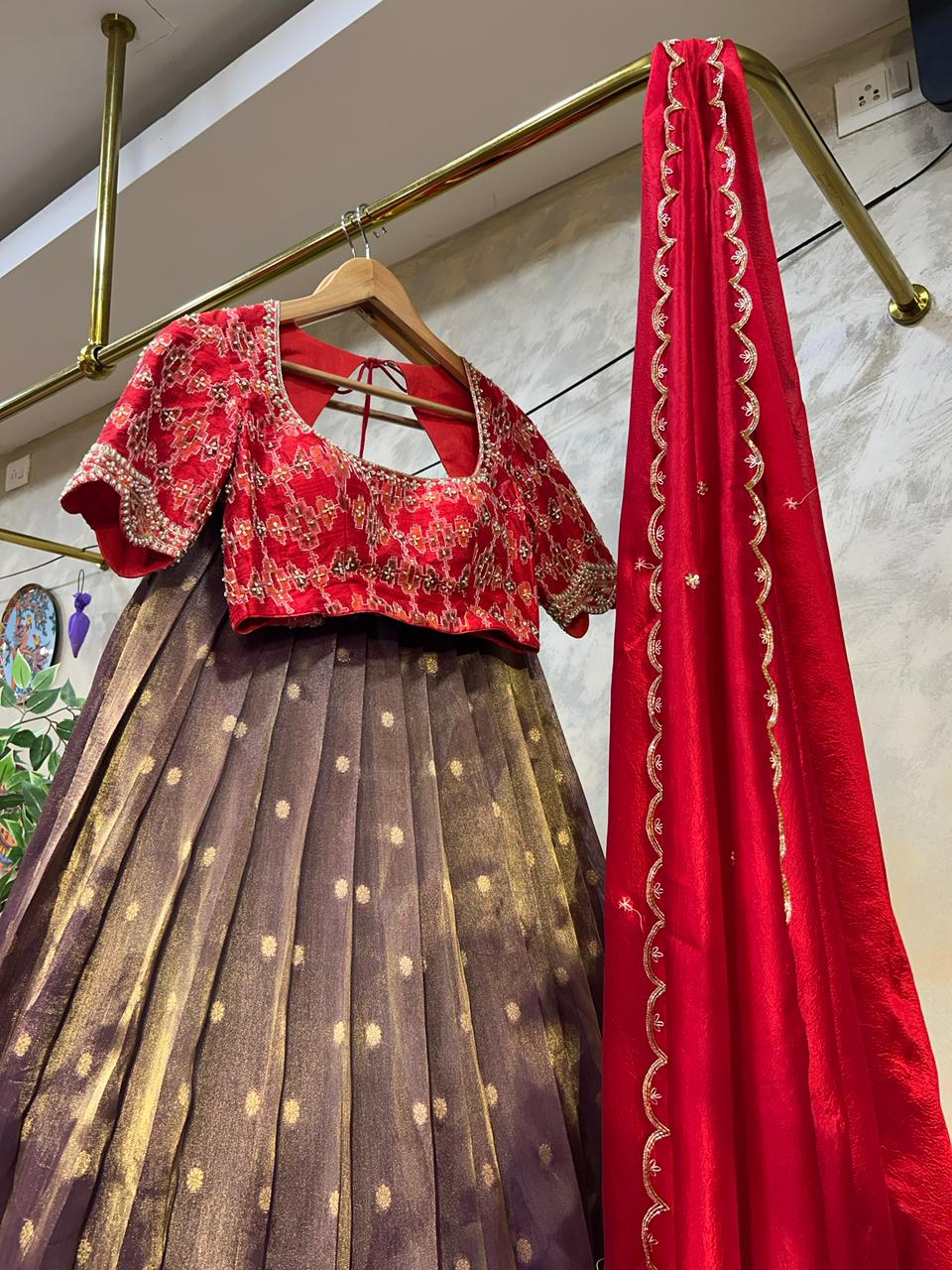 Red & Purple Tissue Paithani Lehenga