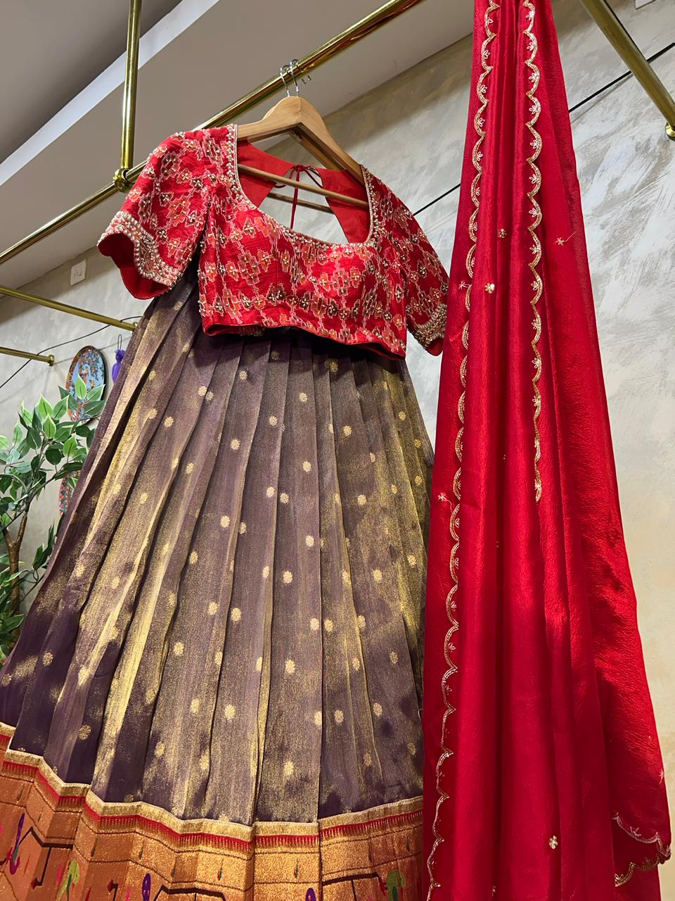 Red & Purple Tissue Paithani Lehenga