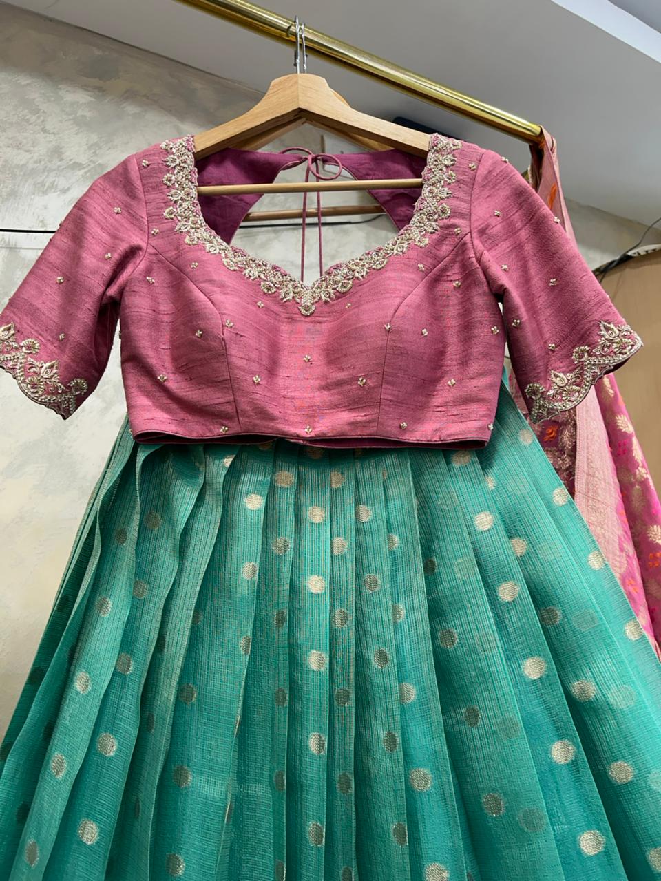 Pink & Green Kota Silk Lehenga