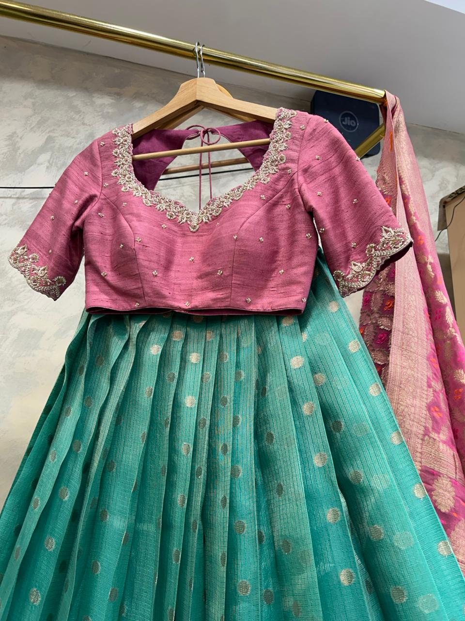 Pink & Green Kota Silk Lehenga