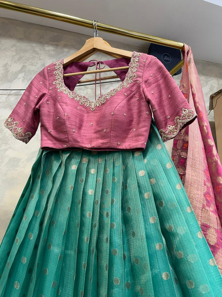 Pink & Green Kota Silk Lehenga