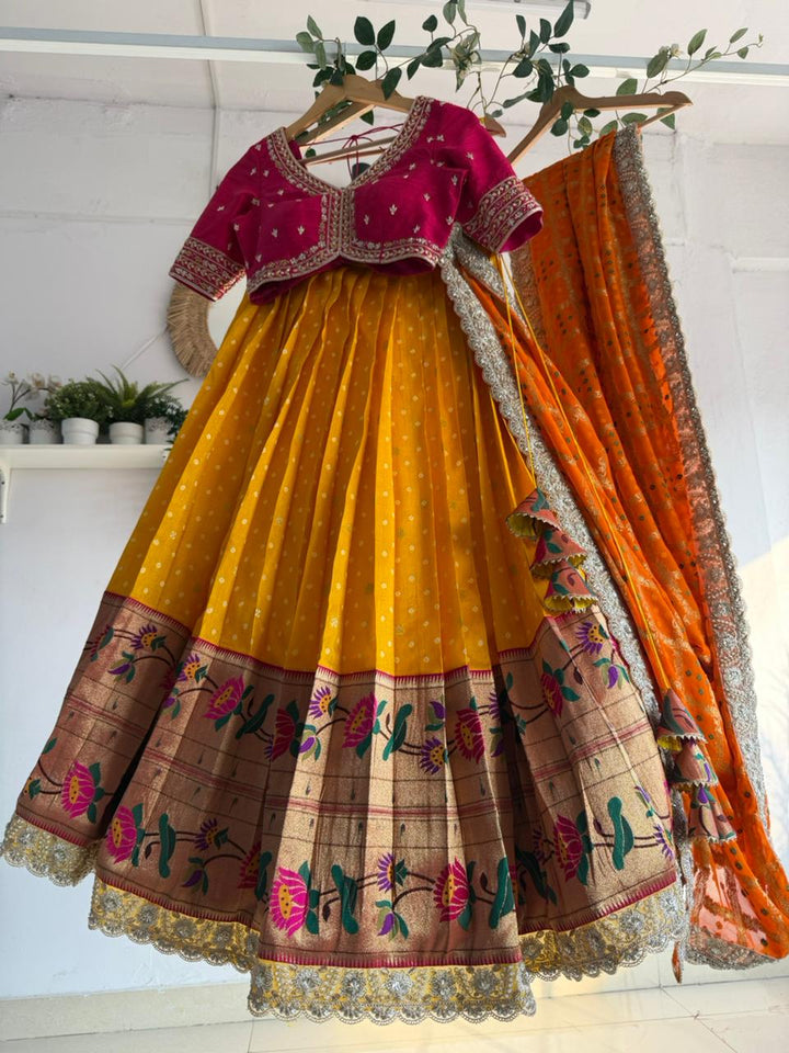 Red and Yellow Bandani Paithani Lehenga