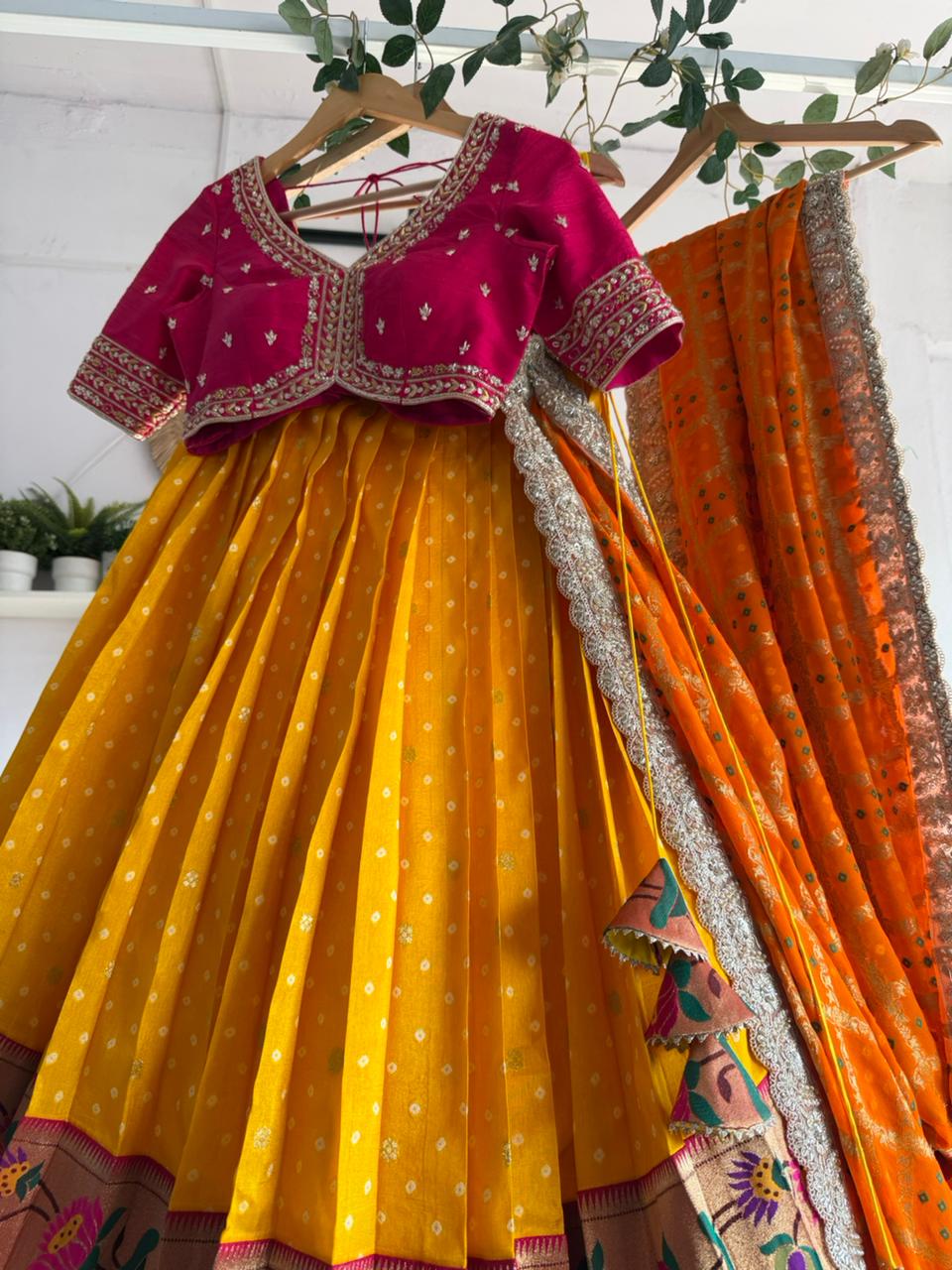 Red and Yellow Bandani Paithani Lehenga