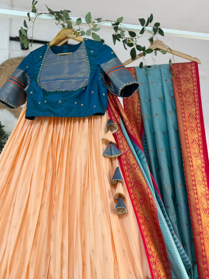 Blue & Peach Silk Lehenga