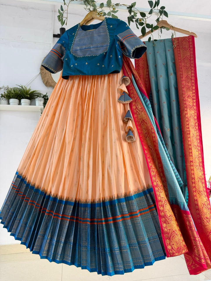 Blue & Peach Silk Lehenga