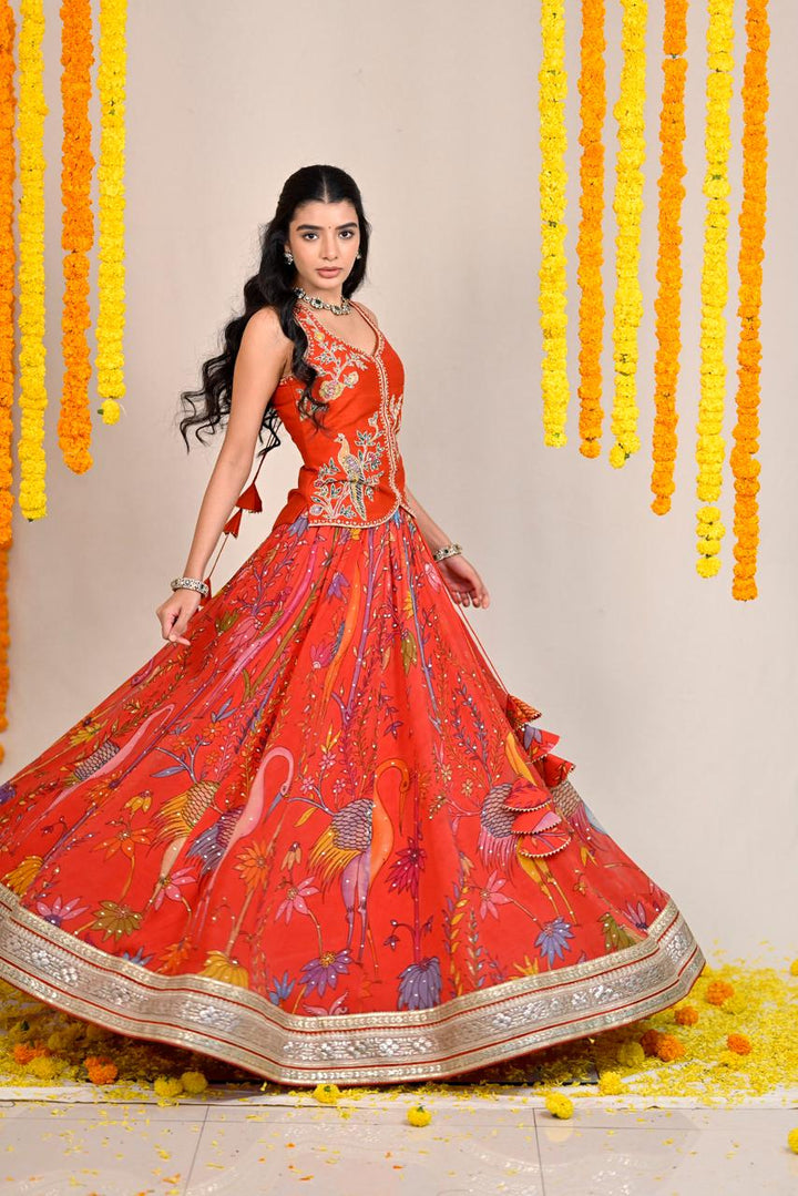 Rust Orange Pen Kalamkari Silk Lehenga