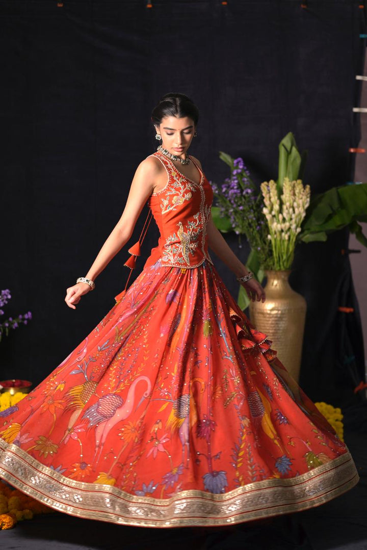 Rust Orange Pen Kalamkari Silk Lehenga