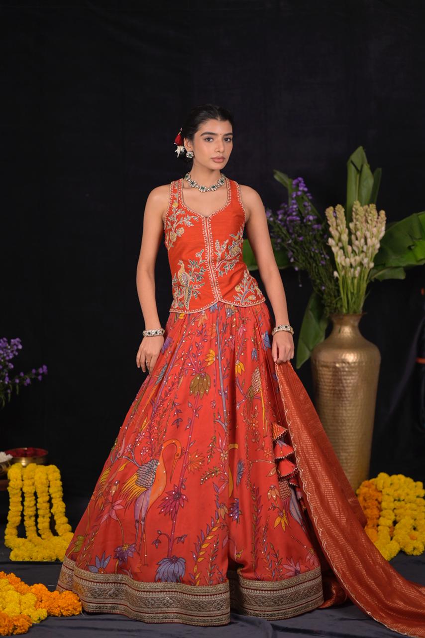 Rust Orange Pen Kalamkari Silk Lehenga