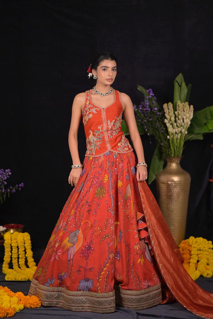 Rust Orange Pen Kalamkari Silk Lehenga