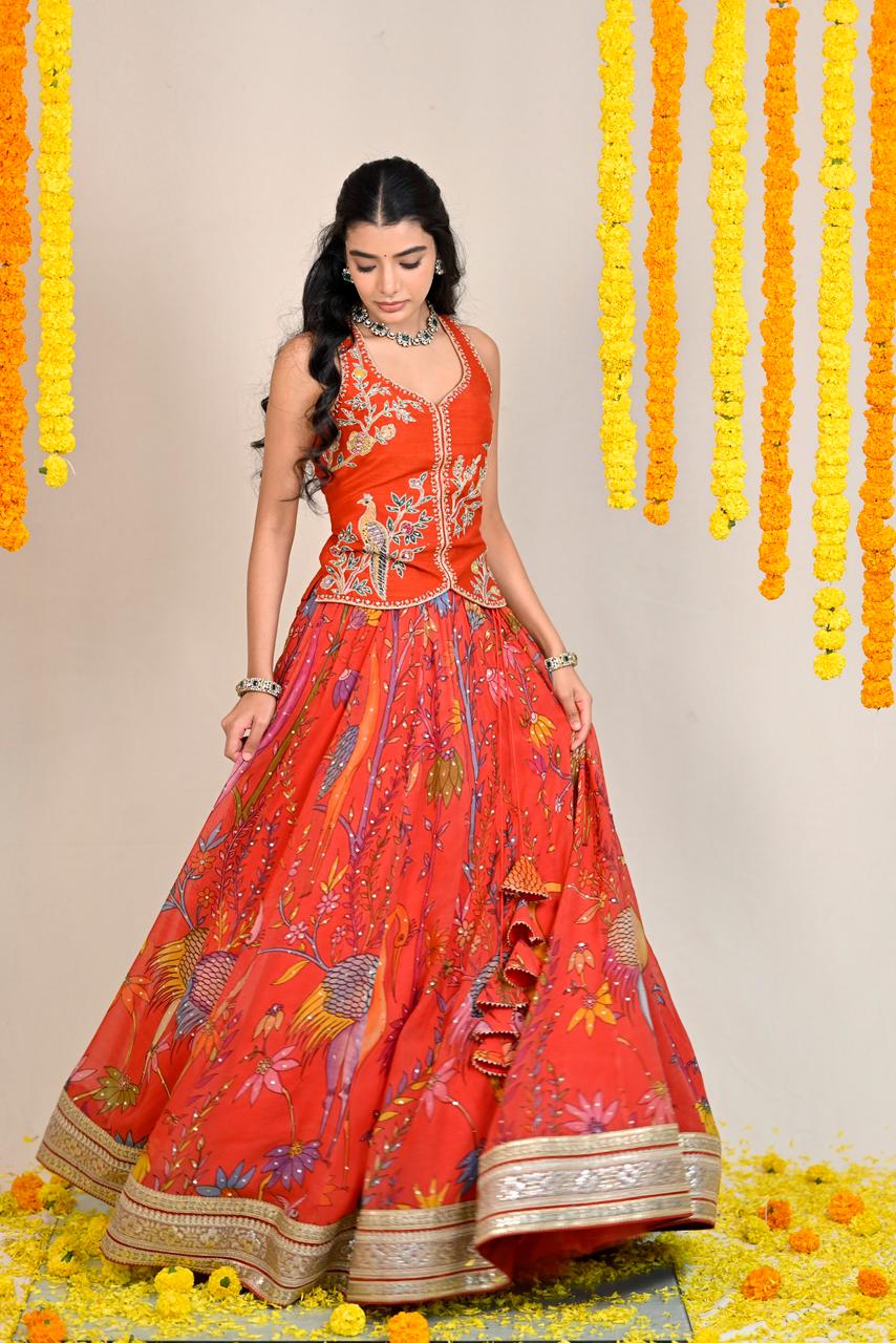 Rust Orange Pen Kalamkari Silk Lehenga