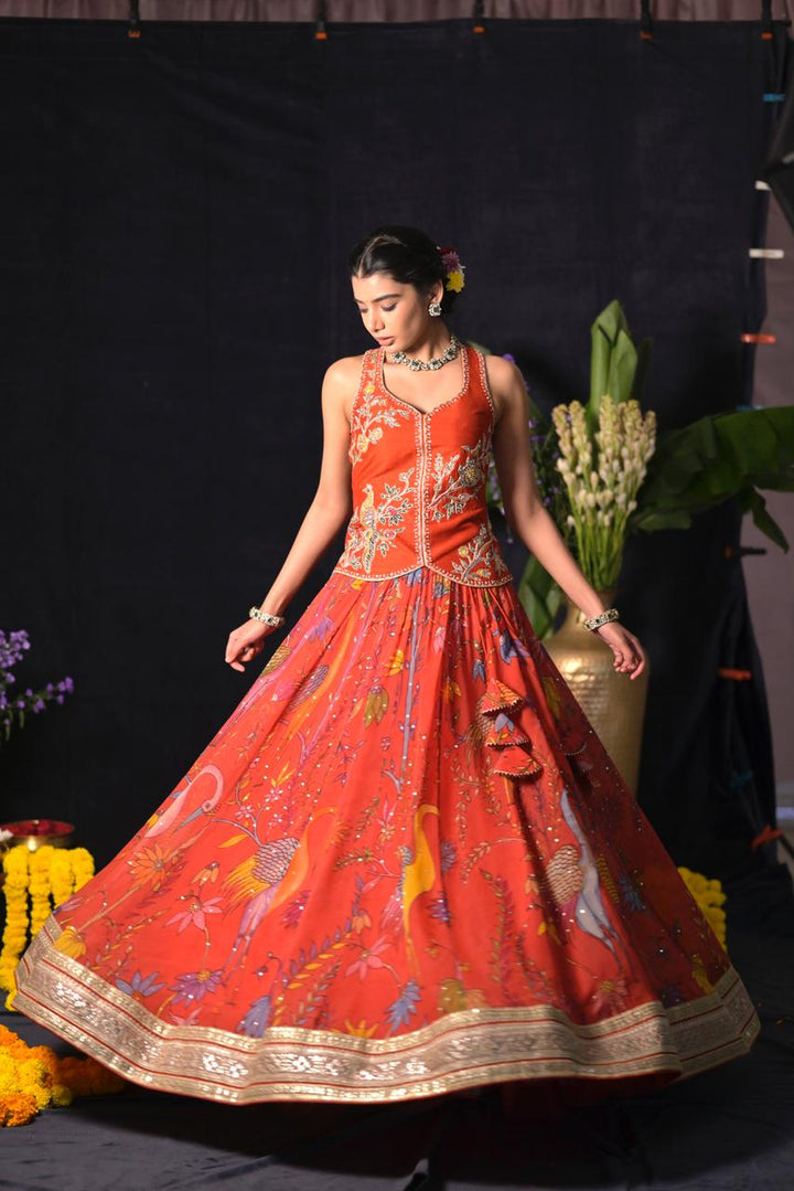 Rust Orange Pen Kalamkari Silk Lehenga