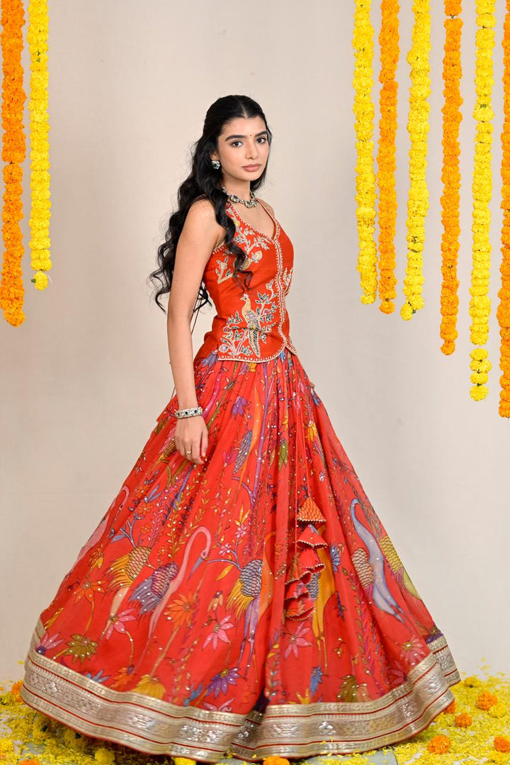 Rust Orange Pen Kalamkari Silk Lehenga