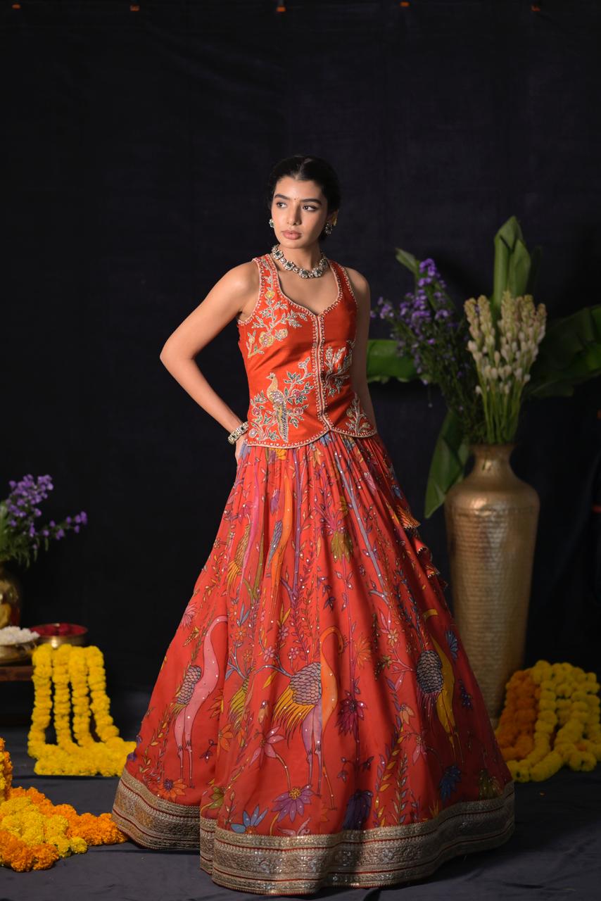 Rust Orange Pen Kalamkari Silk Lehenga