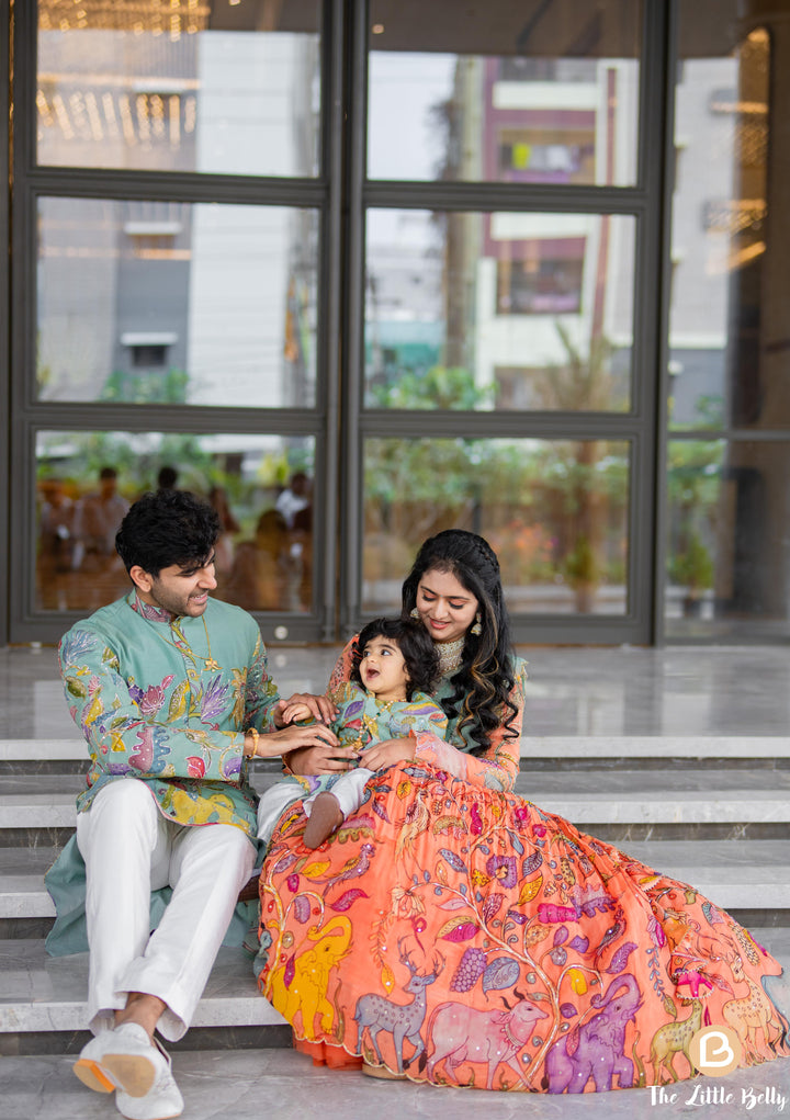 Blue & Orange Pen Kalamkari Family Combo