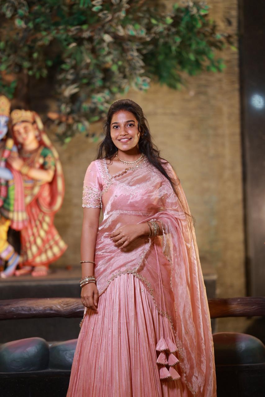 Mauve Pink Tissue Pleated Lehenga