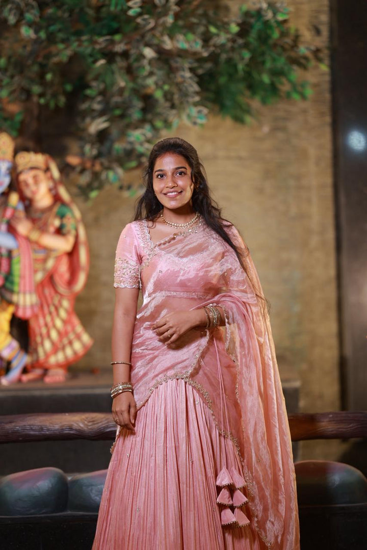 Mauve Pink Tissue Pleated Lehenga