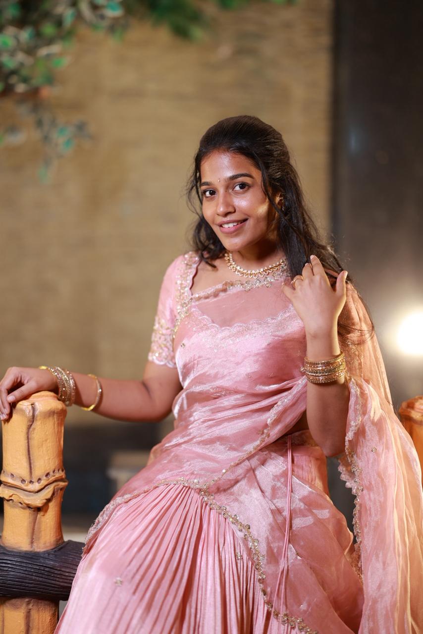 Mauve Pink Tissue Pleated Lehenga