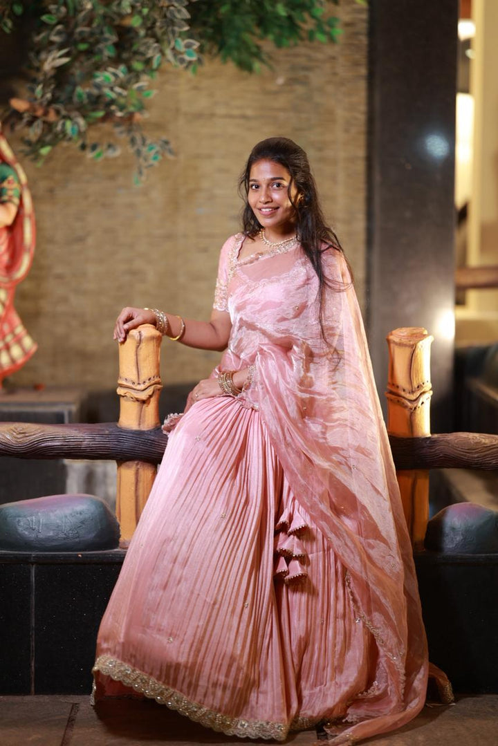 Mauve Pink Tissue Pleated Lehenga