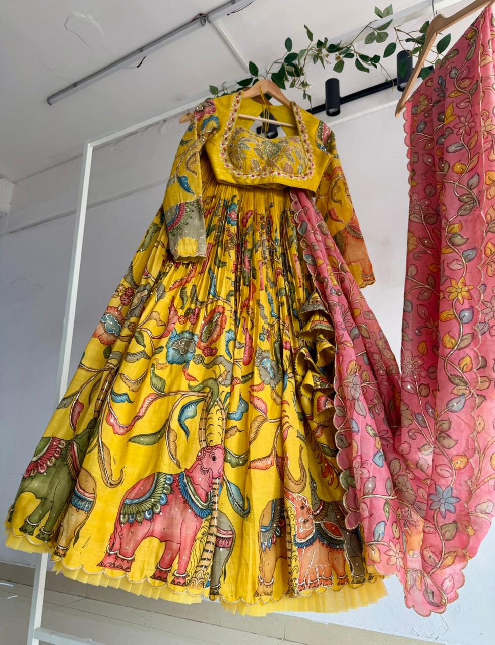 Yellow Pen Kalamkari Lehenga