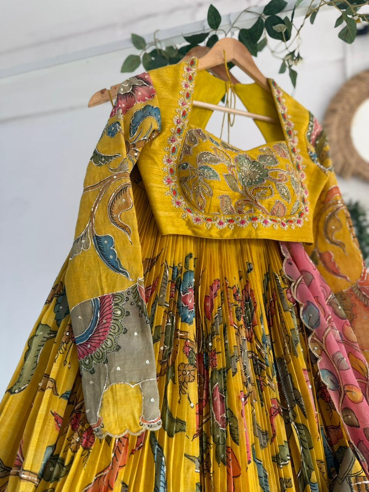 Yellow Pen Kalamkari Lehenga