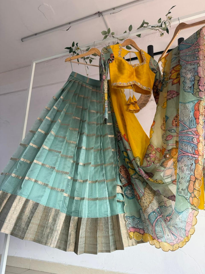 Yellow & Sea Green Pen Kalamkari Lehenga