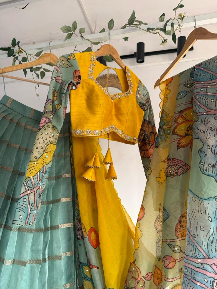 Yellow & Sea Green Pen Kalamkari Lehenga