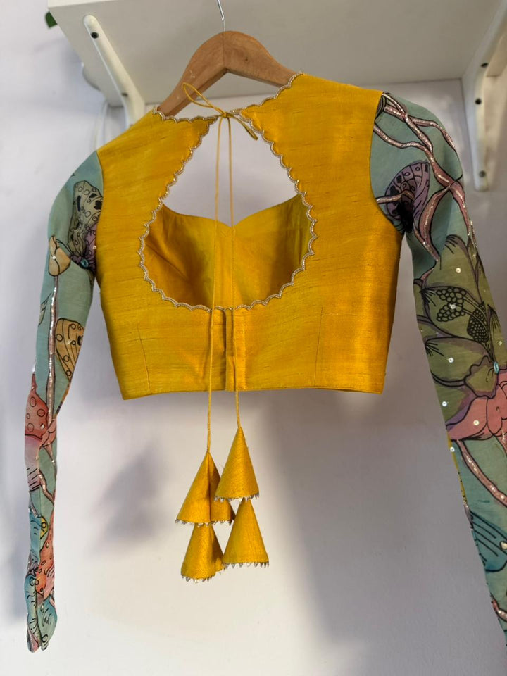 Yellow & Sea Green Pen Kalamkari Lehenga