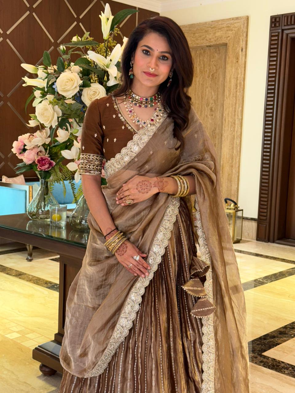 Metallic Bronze Brown Tissue Lehenga