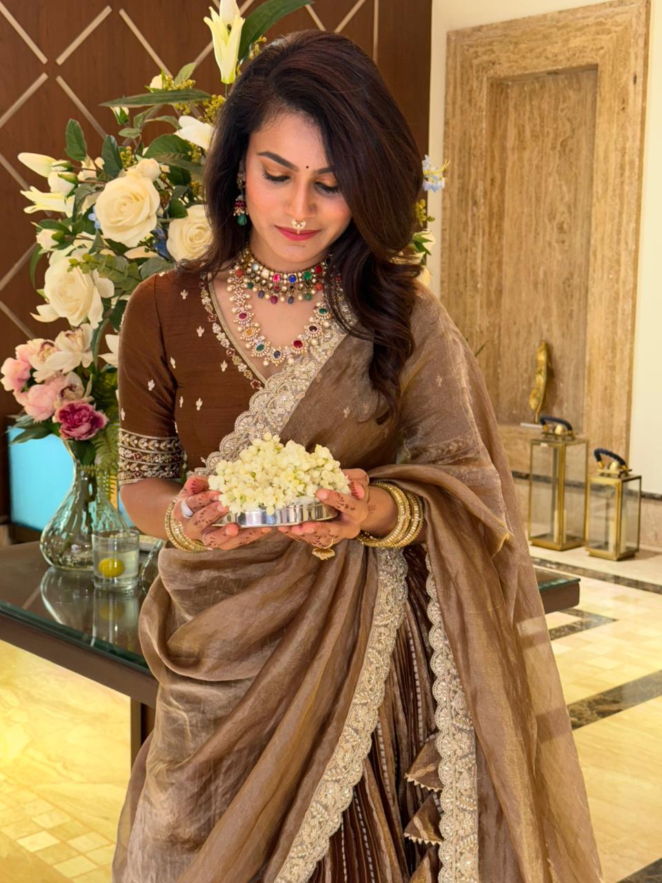 Metallic Bronze Brown Tissue Lehenga