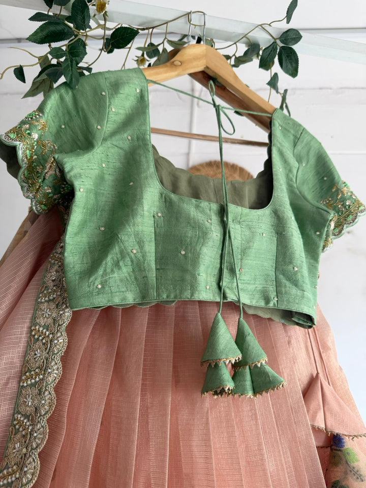 Sea Green & Peach Kota Silk Lehenga