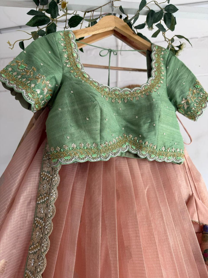 Sea Green & Peach Kota Silk Lehenga