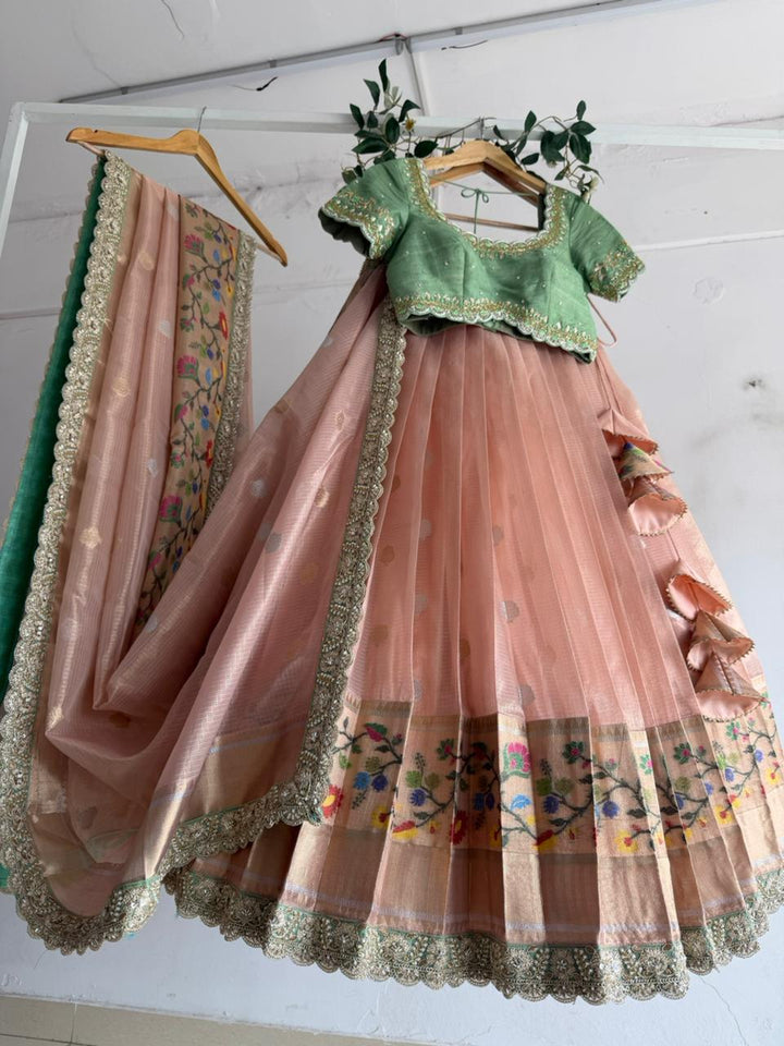 Sea Green & Peach Kota Silk Lehenga