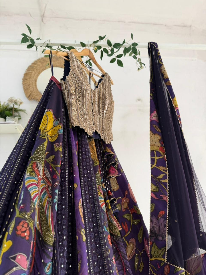 Purple Kalamkari Chikankari Lehenga